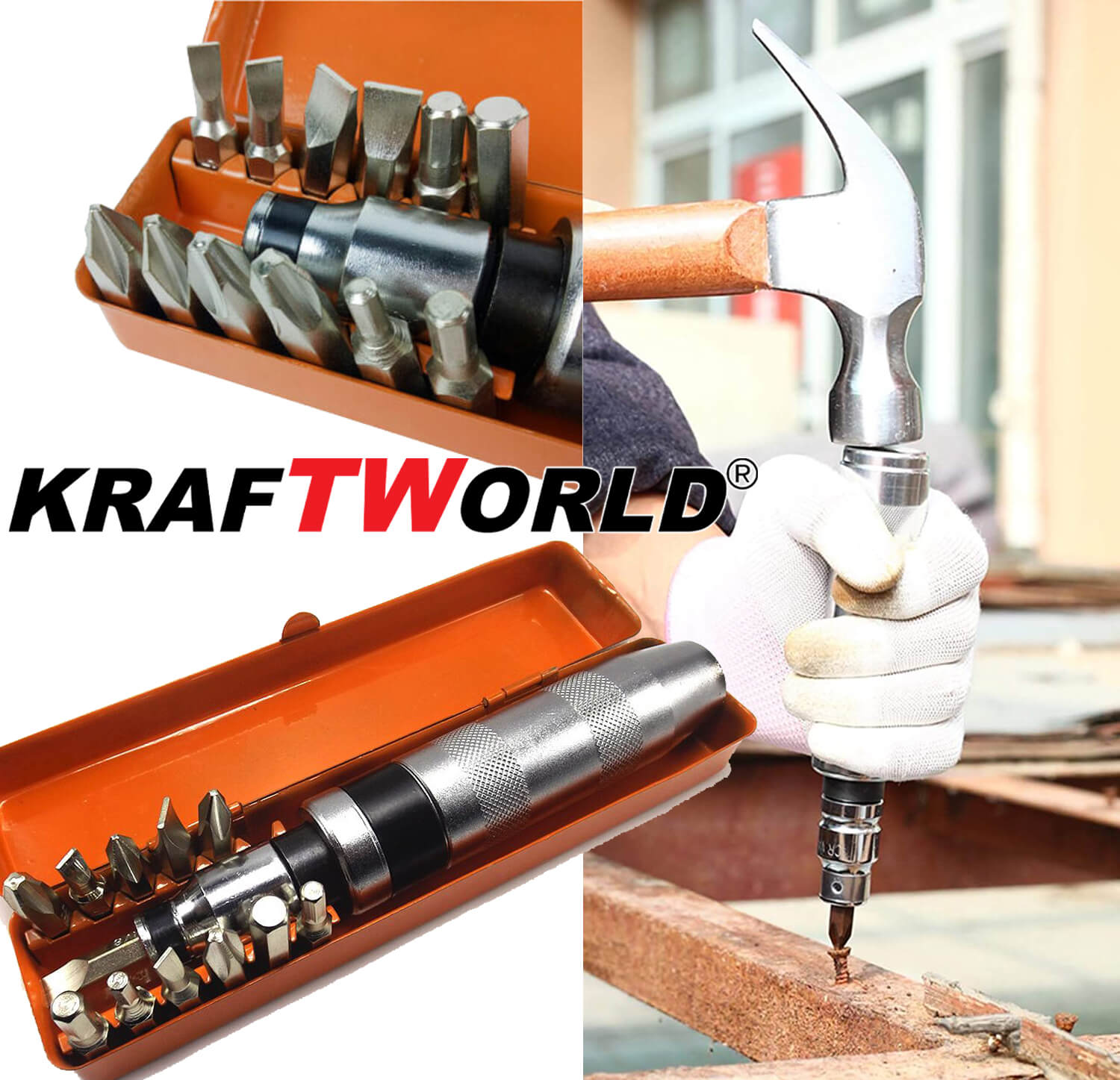 Отвертка ударна KraftWorld в метална кутия 13части РЪЧНИ ИНСТРУМЕНТИ Отвертка ударна KraftWorld в метална кутия 13части