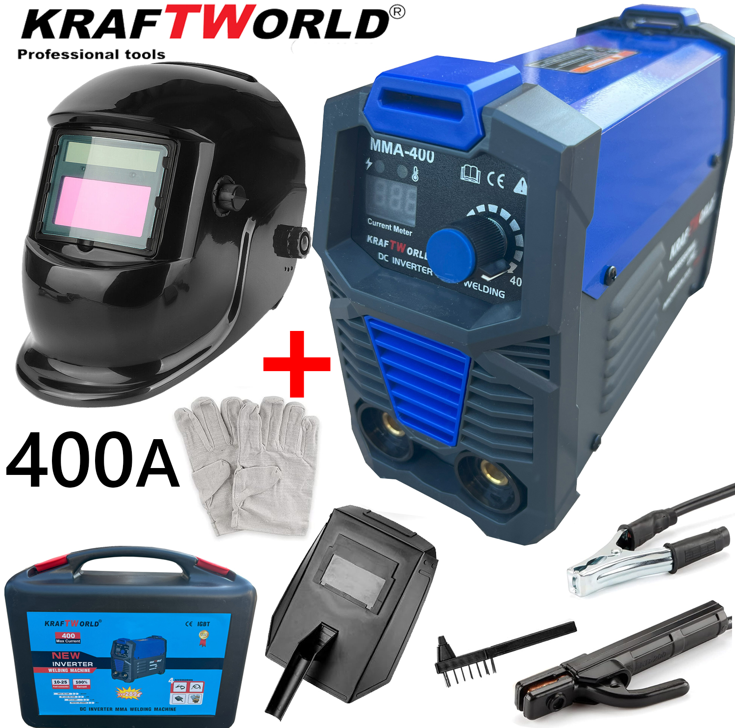 Инверторен Електрожен 400А KraftWorld + Соларна Маска – с Дисплей, Куфар, Кабели, Маска, Чукче ЕЛЕКТРОЖЕНИ Инверторен Електрожен 400А KraftWorld + Соларна Маска – с Дисплей, Куфар, Кабели, Маска, Чукче