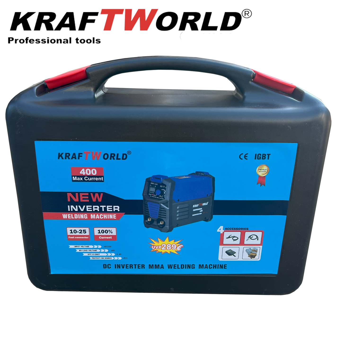 Инверторен Електрожен 400А KraftWorld + Соларна Маска – с Дисплей, Куфар, Кабели, Маска, Чукче ЕЛЕКТРОЖЕНИ Инверторен Електрожен 400А KraftWorld + Соларна Маска – с Дисплей, Куфар, Кабели, Маска, Чукче