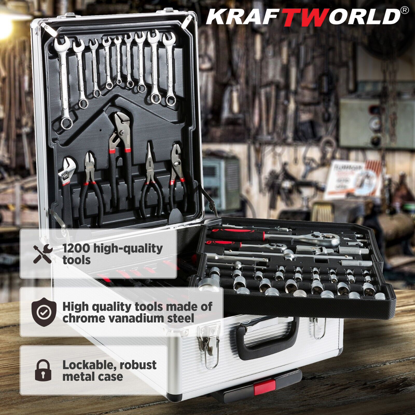 Куфар с инструменти 1200 части KraftWorld -ключове,тресчотка, клещи, отвертки РЪЧНИ ИНСТРУМЕНТИ Куфар с инструменти 1200 части KraftWorld -ключове,тресчотка, клещи, отвертки