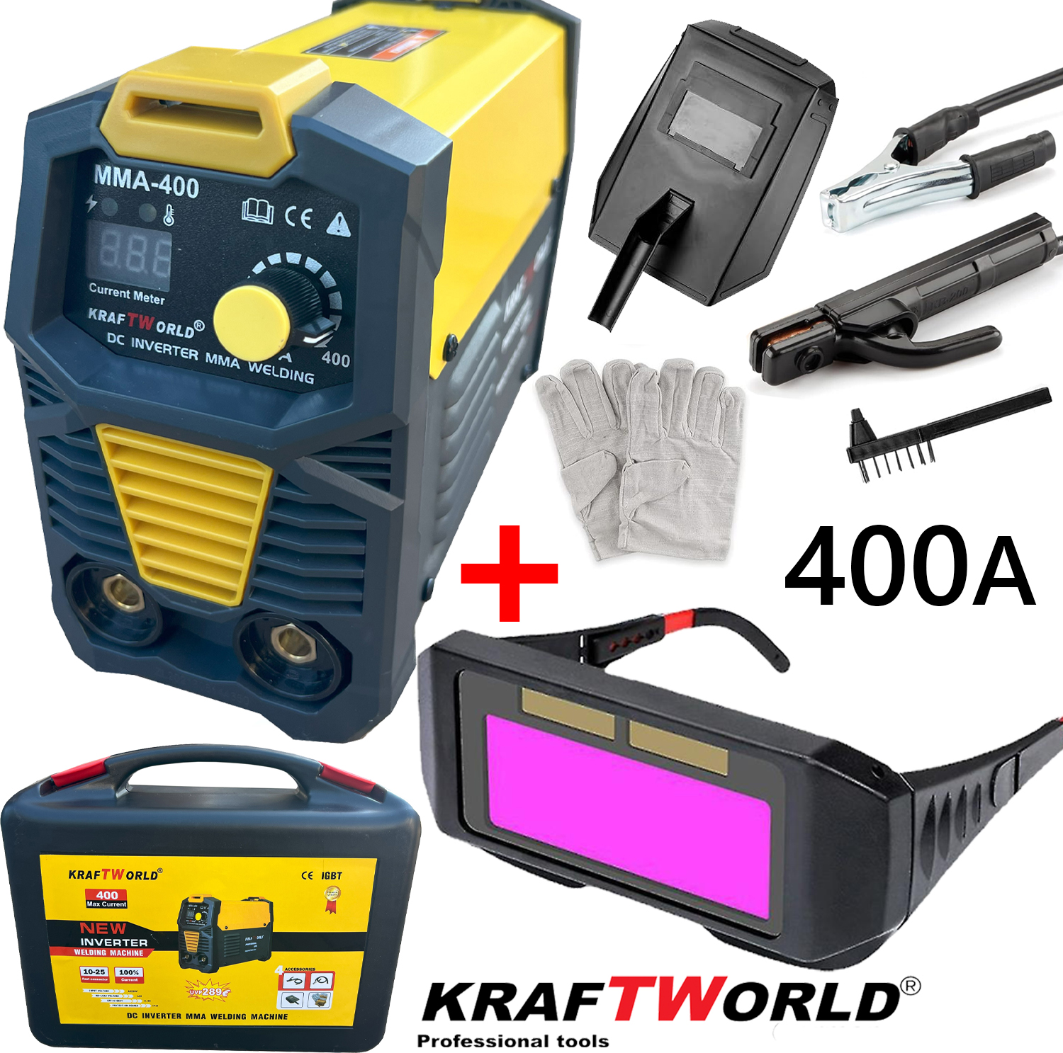 Инверторен Електрожен 400А KraftWorld + Соларни Очила – с Дисплей, Куфар, Кабели, Маска, Чукче ЕЛЕКТРОЖЕНИ Инверторен Електрожен 400А KraftWorld + Соларни Очила – с Дисплей, Куфар, Кабели, Маска, Чукче