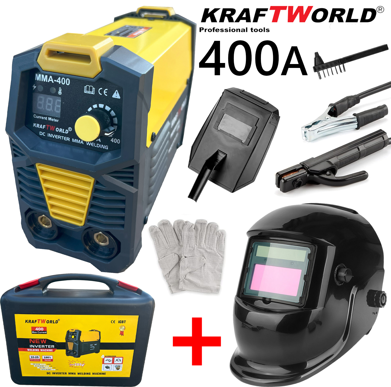 Инверторен Електрожен 400А KraftWorld + Соларна Маска – с Дисплей, Куфар, Кабели, Маска, Чукче ЕЛЕКТРОЖЕНИ Инверторен Електрожен 400А KraftWorld + Соларна Маска – с Дисплей, Куфар, Кабели, Маска, Чукче