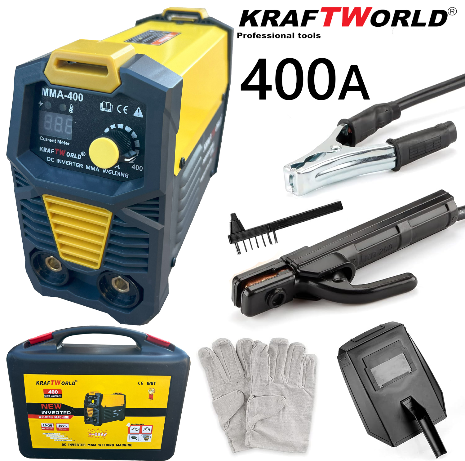 Инверторен Електрожен 400А KraftWorld с Дисплей и Куфар + Подаръци ЕЛЕКТРОЖЕНИ Инверторен Електрожен 400А KraftWorld с Дисплей и Куфар + Подаръци