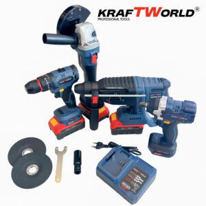 Комплект Акумулаторни Безчеткови Машини 4в1 Kraftworld Ъглошлайф,Гайковерт,Винтоверт и Перфоратор