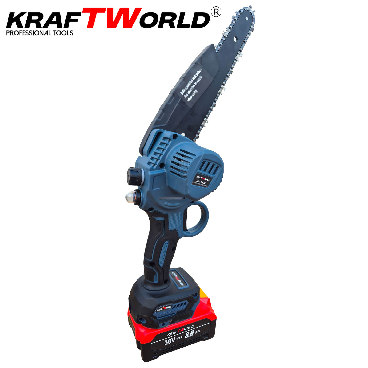 Резачка за Клони KraftWorld с 2 Батерии 36V 8А с Автоматично Омасляване и Две Вериги АКУМУЛАТОРНИ ИНСТРУМЕНТИ Резачка за Клони KraftWorld с 2 Батерии 36V 8А с Автоматично Омасляване и Две Вериги