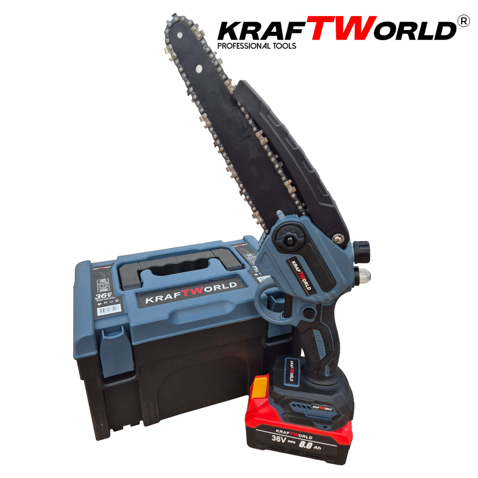 Резачка за Клони KraftWorld с 2 Батерии 36V 8А с Автоматично Омасляване и Две Вериги АКУМУЛАТОРНИ ИНСТРУМЕНТИ Резачка за Клони KraftWorld с 2 Батерии 36V 8А с Автоматично Омасляване и Две Вериги