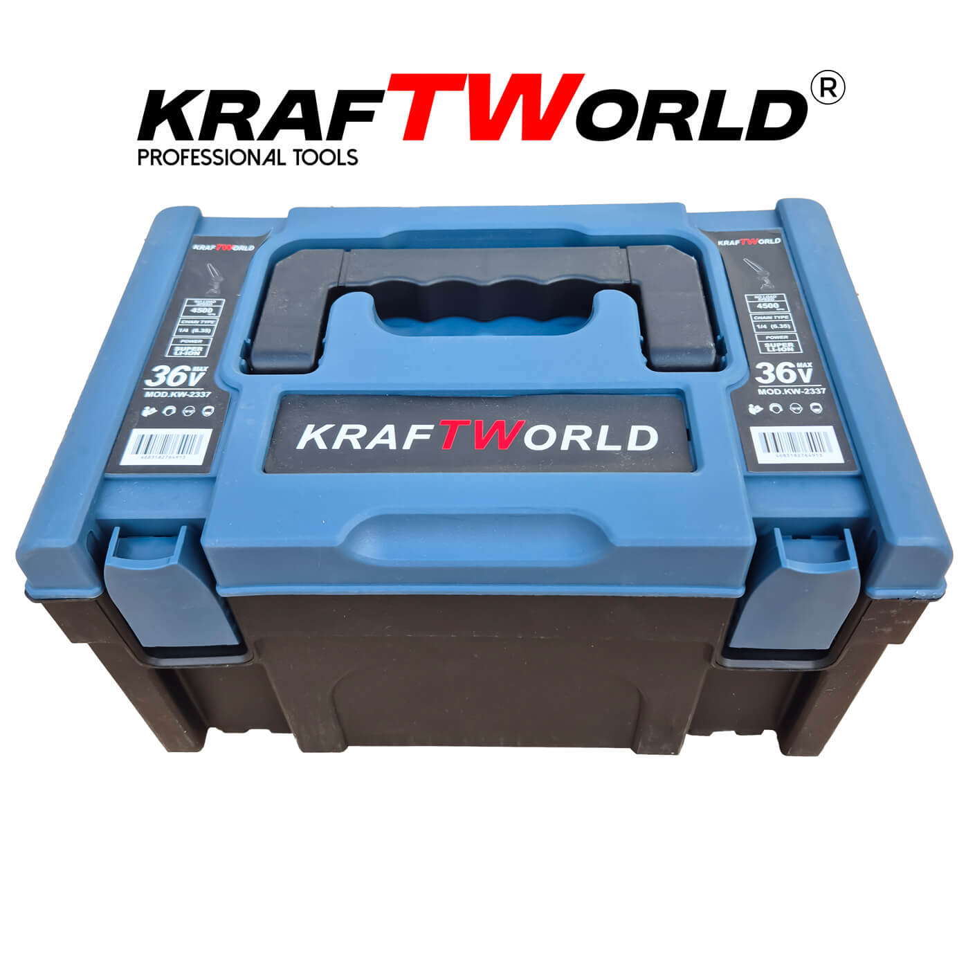 Резачка за Клони KraftWorld с 2 Батерии 36V 8А с Автоматично Омасляване и Две Вериги АКУМУЛАТОРНИ ИНСТРУМЕНТИ Резачка за Клони KraftWorld с 2 Батерии 36V 8А с Автоматично Омасляване и Две Вериги