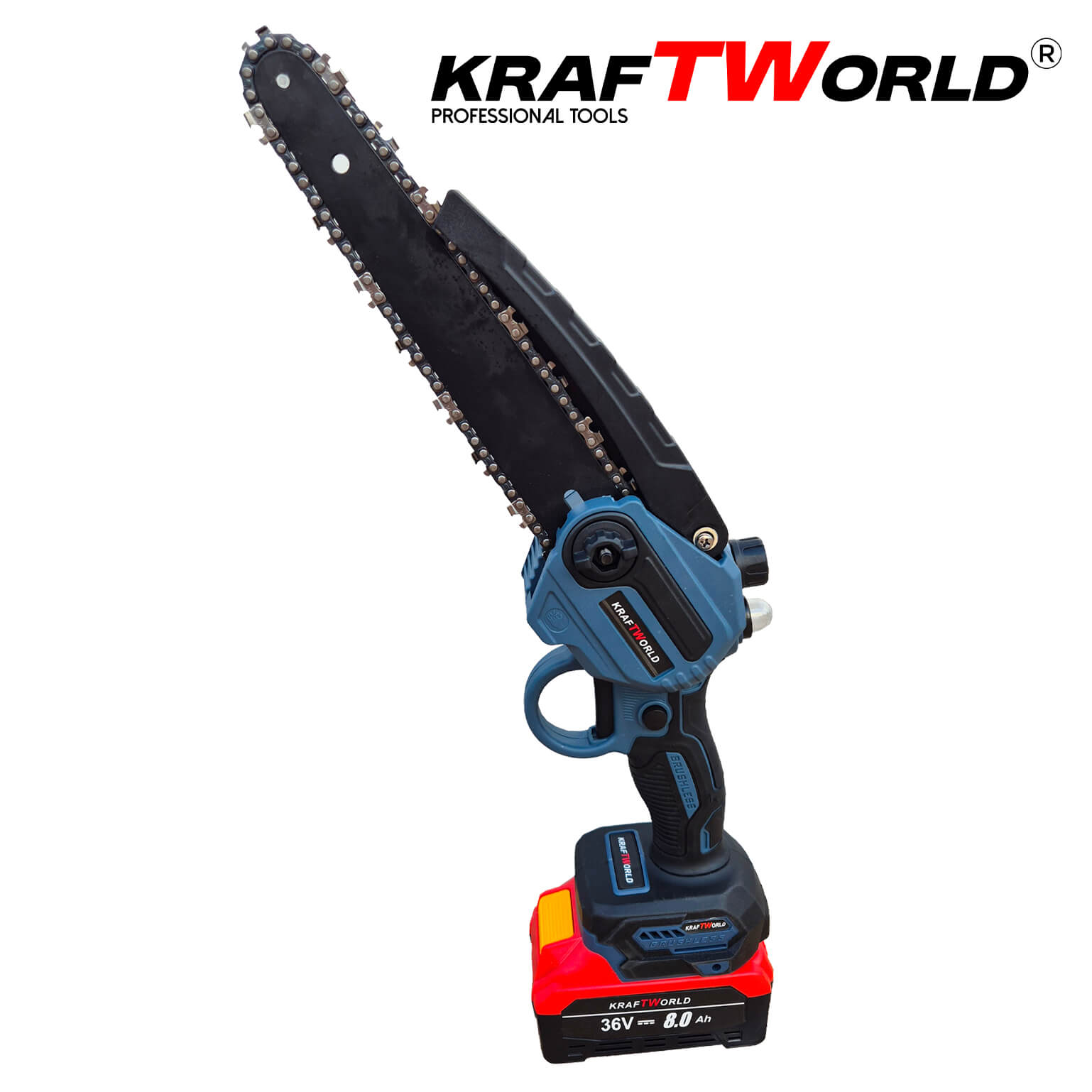 Резачка за Клони KraftWorld с 2 Батерии 36V 8А с Автоматично Омасляване и Две Вериги АКУМУЛАТОРНИ ИНСТРУМЕНТИ Резачка за Клони KraftWorld с 2 Батерии 36V 8А с Автоматично Омасляване и Две Вериги