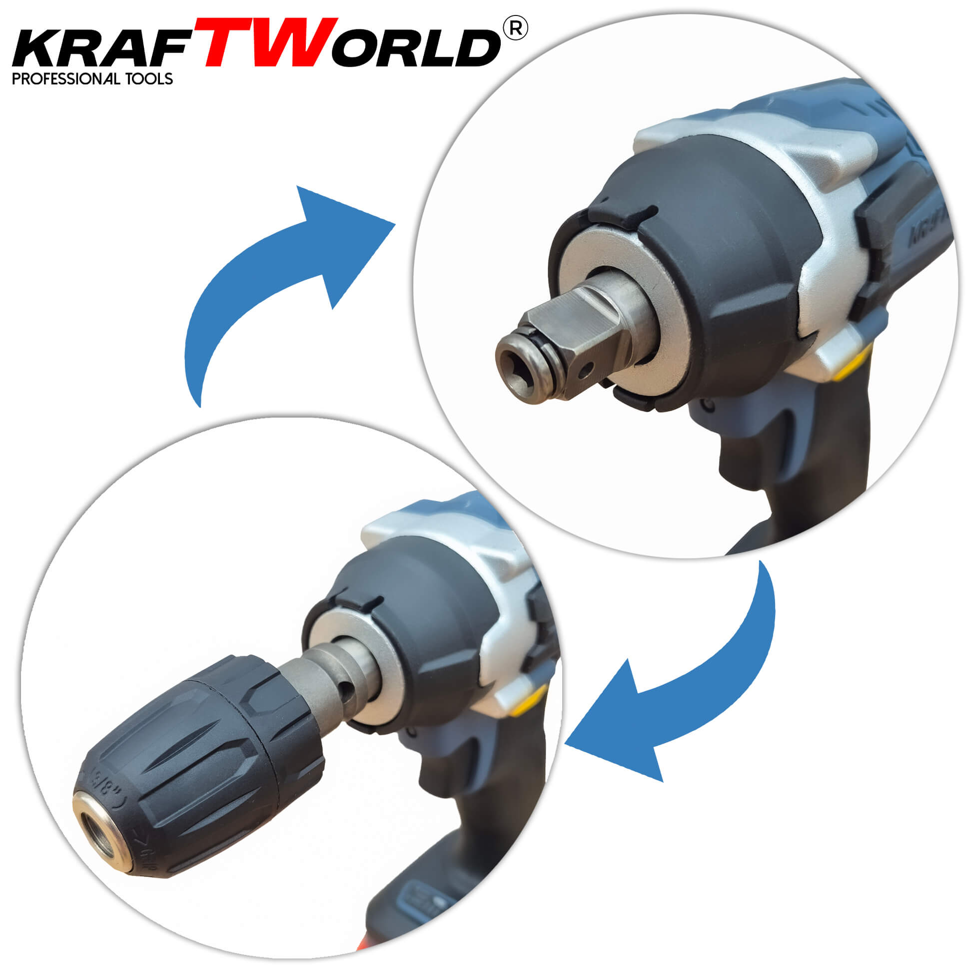 Комплект 4в1 KraftWorld Безчеткови Машини Гайковерт-винтоверт, Ъглошлайф и Перфоратор АКУМУЛАТОРНИ ИНСТРУМЕНТИ Комплект 4в1 KraftWorld Безчеткови Машини Гайковерт-винтоверт, Ъглошлайф и Перфоратор