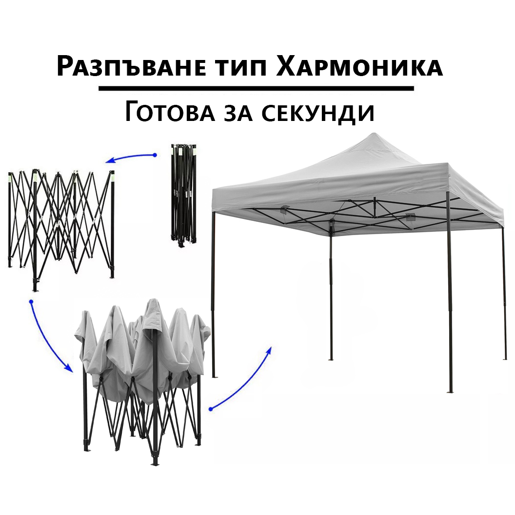 Бяла Градинска шатра тип „Хармоника“ 3×3м – UV и водоустойчива, сгъваема метална конструкция ДВОР И ГРАДИНА Бяла Градинска шатра тип „Хармоника“ 3×3м – UV и водоустойчива, сгъваема метална конструкция