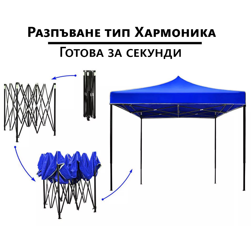 Синя Градинска шатра тип „Хармоника“ 3×3м – UV и водоустойчива, сгъваема метална конструкция ДВОР И ГРАДИНА Синя Градинска шатра тип „Хармоника“ 3×3м – UV и водоустойчива, сгъваема метална конструкция