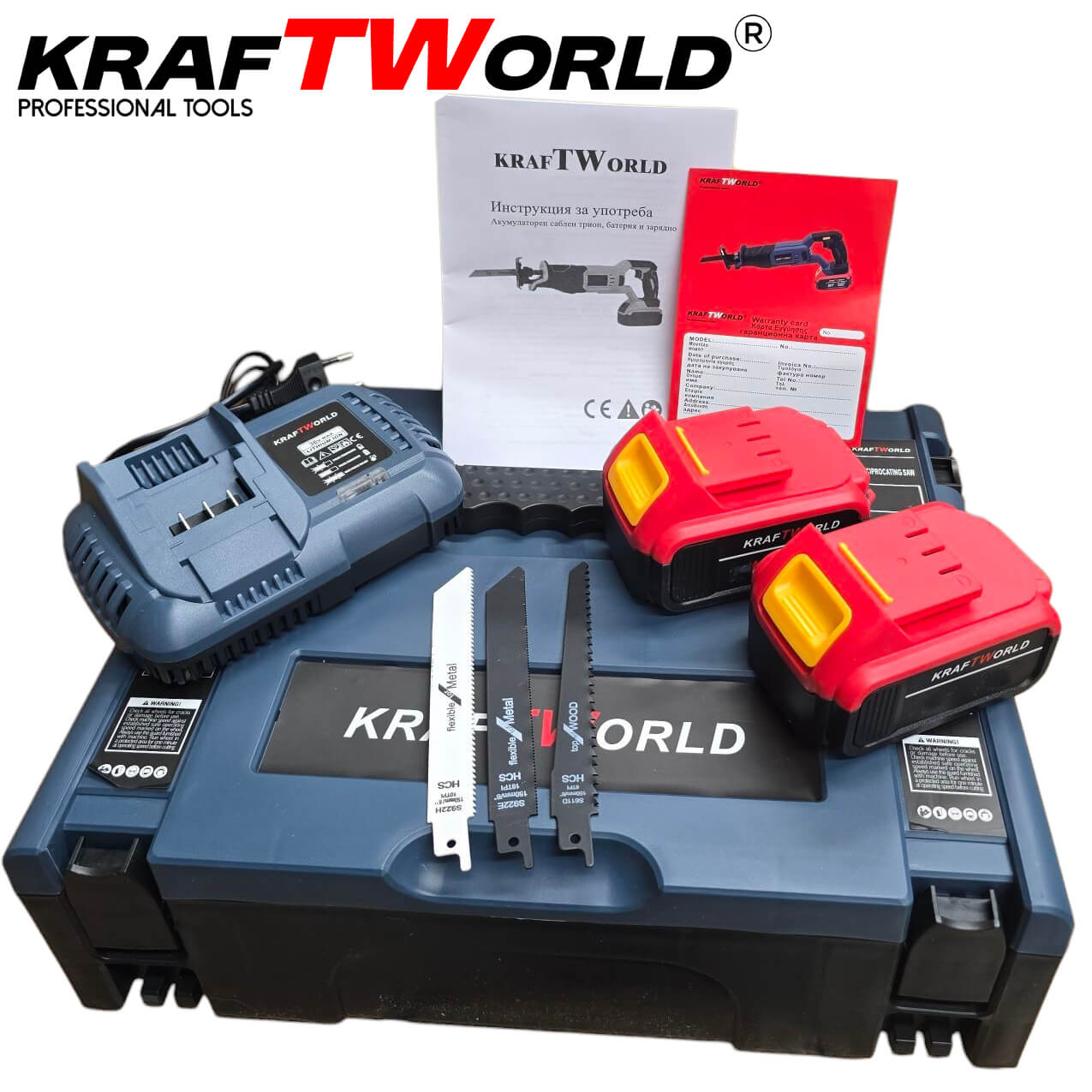 Професионален Акумулаторен Саблен Трион KraftWorld + 3 ножчета АКУМУЛАТОРНИ ИНСТРУМЕНТИ Професионален Акумулаторен Саблен Трион KraftWorld + 3 ножчета