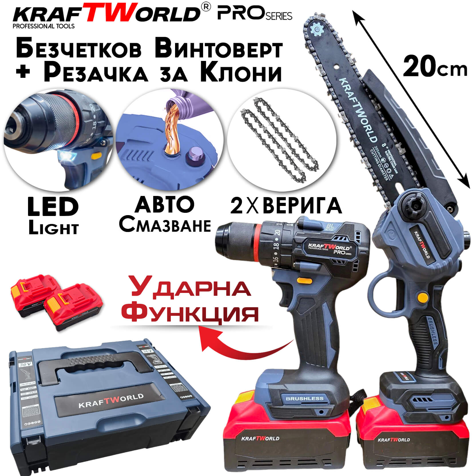 KraftWorld 2в1 Акумулаторен Комплект – Ударен Винтоверт и Мини Резачка с 2 Батерии АКУМУЛАТОРНИ ИНСТРУМЕНТИ Акумулаторен комплект KraftWorld 2в1 винтоверт и мини резачка