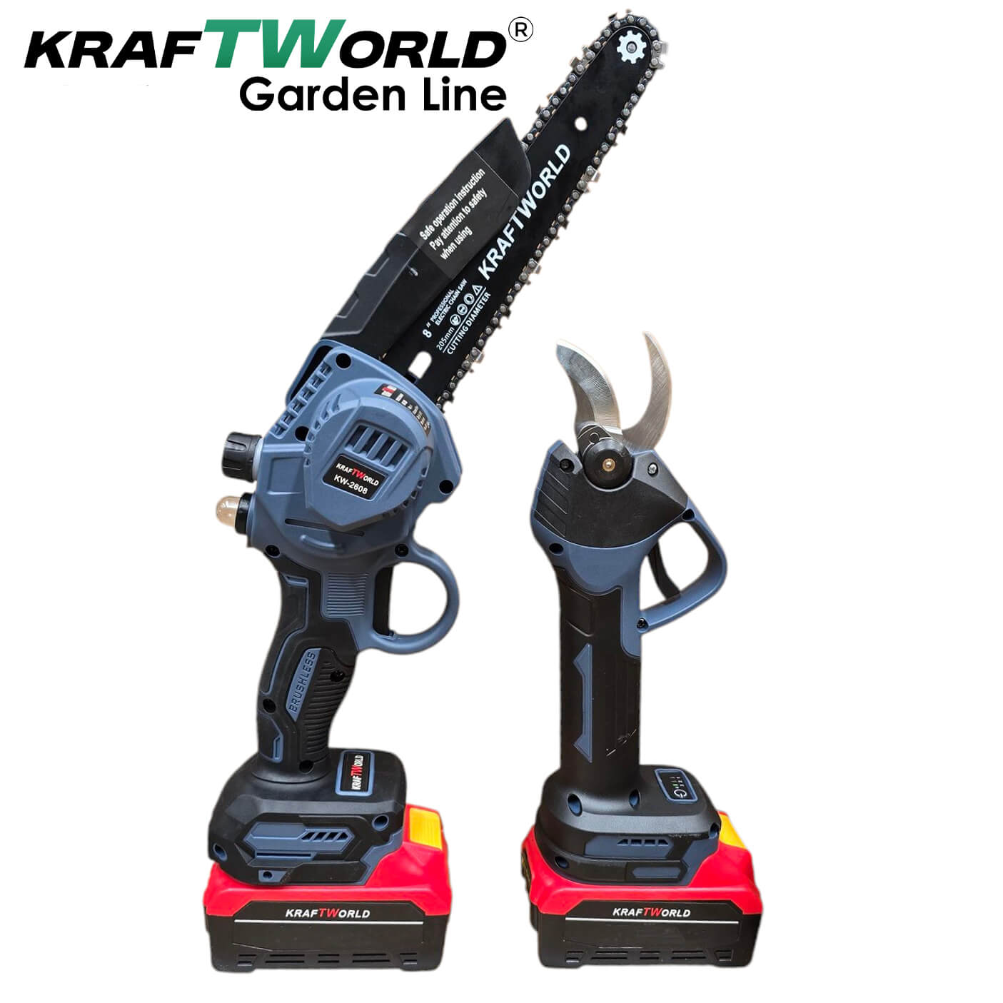 Комплект Акумулаторна Лозарска Ножица и Резачка за Клони KraftWorld с 2 шини 15см и 20см АКУМУЛАТОРНИ ИНСТРУМЕНТИ Комплект Акумулаторна Лозарска Ножица и Резачка за Клони KraftWorld с 2 шини 15см и 20см