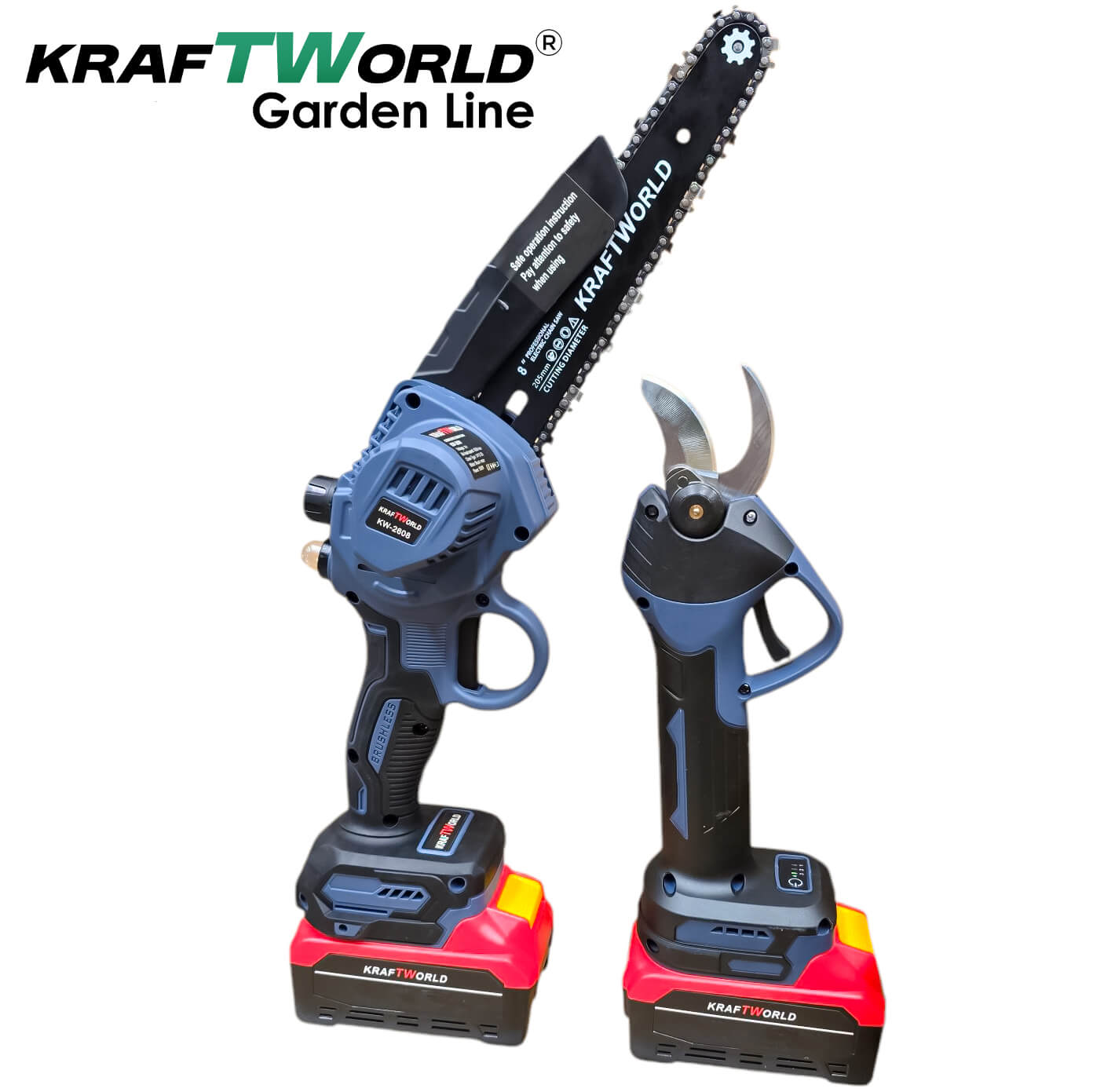 Комплект Акумулаторна Лозарска Ножица и Резачка за Клони KraftWorld с 2 шини 15см и 20см АКУМУЛАТОРНИ ИНСТРУМЕНТИ Комплект Акумулаторна Лозарска Ножица и Резачка за Клони KraftWorld с 2 шини 15см и 20см