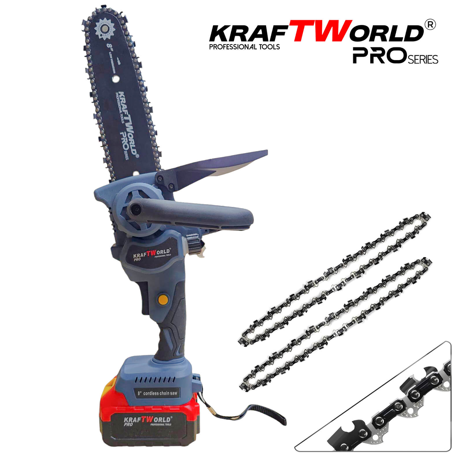 KraftWorld Акумулаторна Верижна Резачка 8″ с Авто Омасляване, Brushless Мотор АКУМУЛАТОРНИ ИНСТРУМЕНТИ KraftWorld Акумулаторна Верижна Резачка 8″ с Авто Омасляване, Brushless Мотор