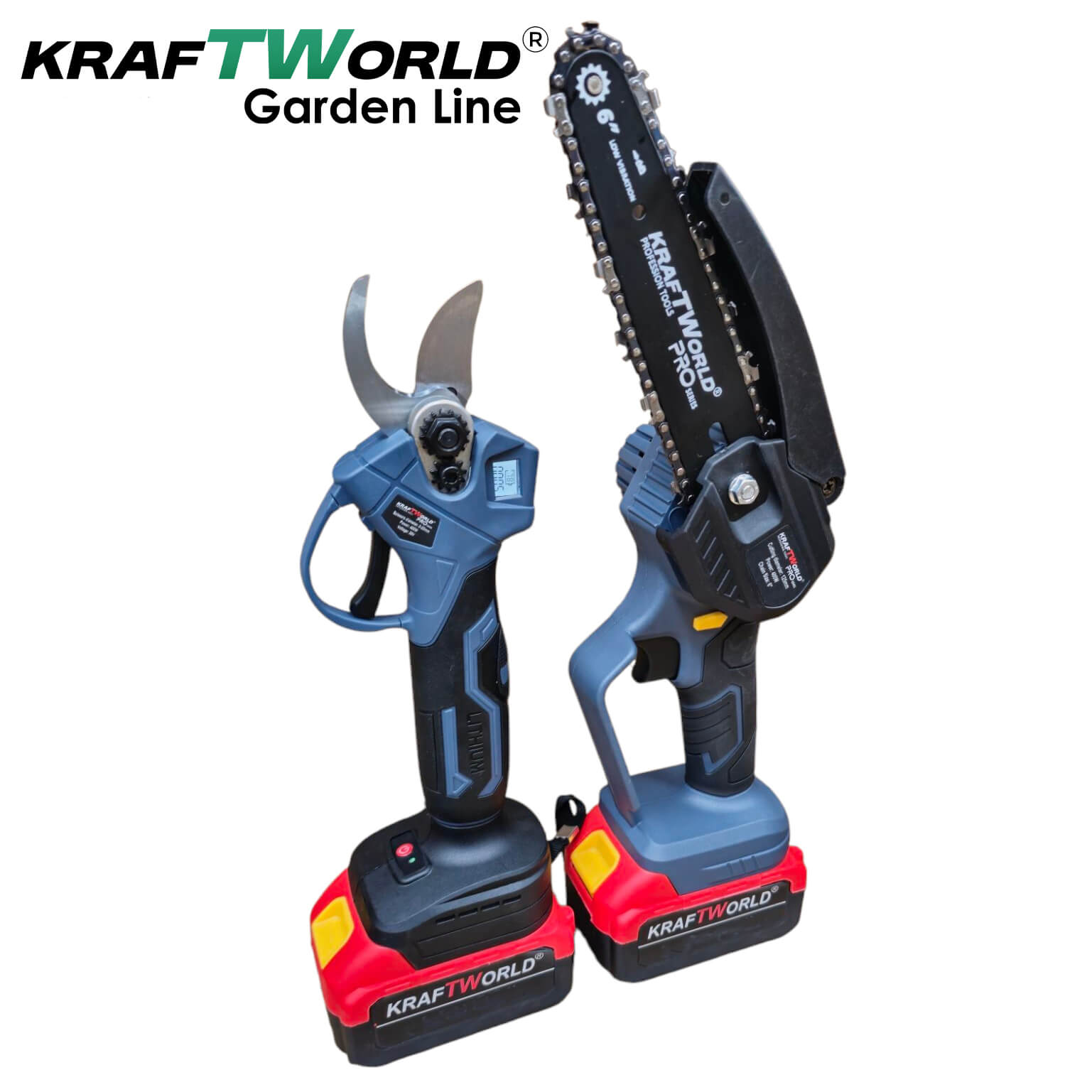 Акумулаторен градински комплект KraftWorld 3 в 1 – лозарска ножица, мини резачка и телескопичен прът АКУМУЛАТОРНИ ИНСТРУМЕНТИ Акумулаторен градински комплект KraftWorld 3 в 1 – лозарска ножица, мини резачка и телескопичен прът