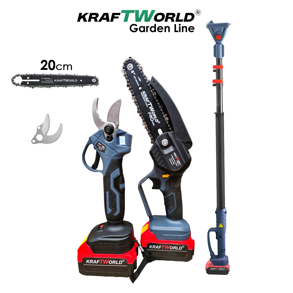 Акумулаторен градински комплект KraftWorld 3 в 1 – лозарска ножица, мини резачка и телескопичен прът АКУМУЛАТОРНИ ИНСТРУМЕНТИ Акумулаторен градински комплект KraftWorld 3 в 1 – лозарска ножица, мини резачка и телескопичен прът
