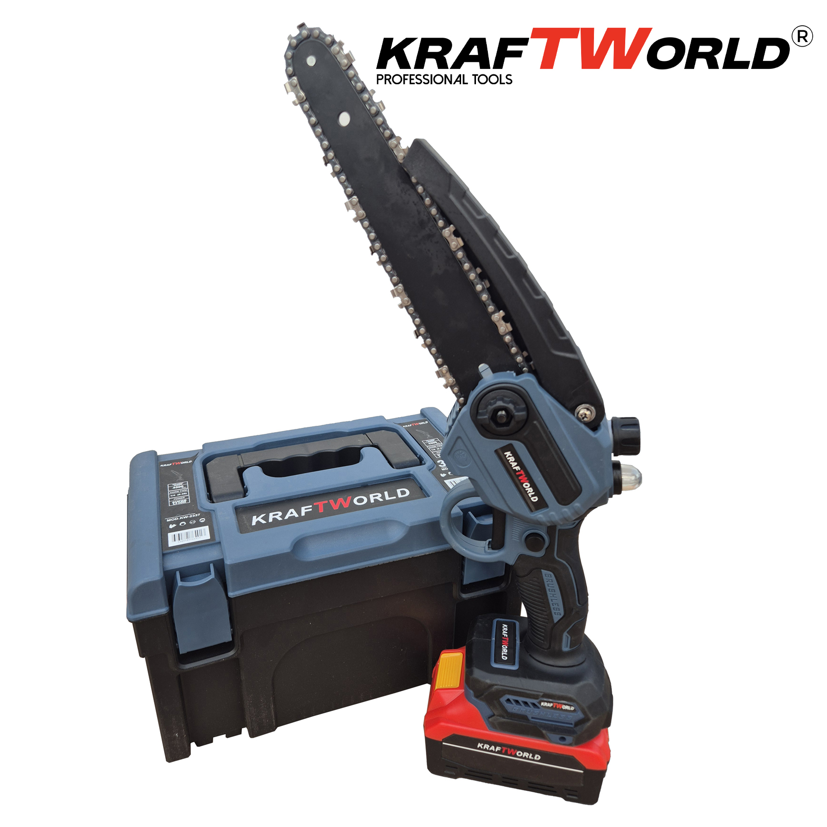 Мини Резачка за Клони KraftWorld с Две Батерии 36V 8А с Автоматично Омасляване и Две Вериги АКУМУЛАТОРНИ ИНСТРУМЕНТИ Мини Резачка за Клони KraftWorld с Две Батерии 36V 8А с Автоматично Омасляване и Две Вериги