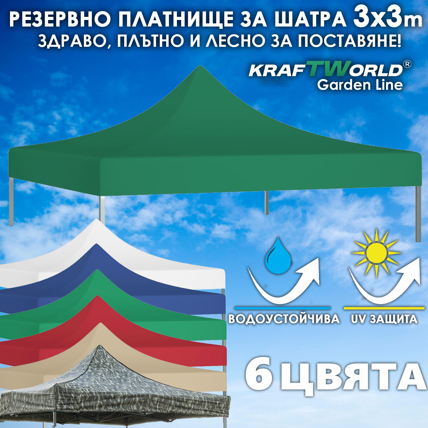 Резервно Платнище за Шатра 3×3 – Водоустойчиво и UV защитено покривало за тента ДВОР И ГРАДИНА Резервно Платнище за Шатра 3×3 – Водоустойчиво и UV защитено покривало за тента
