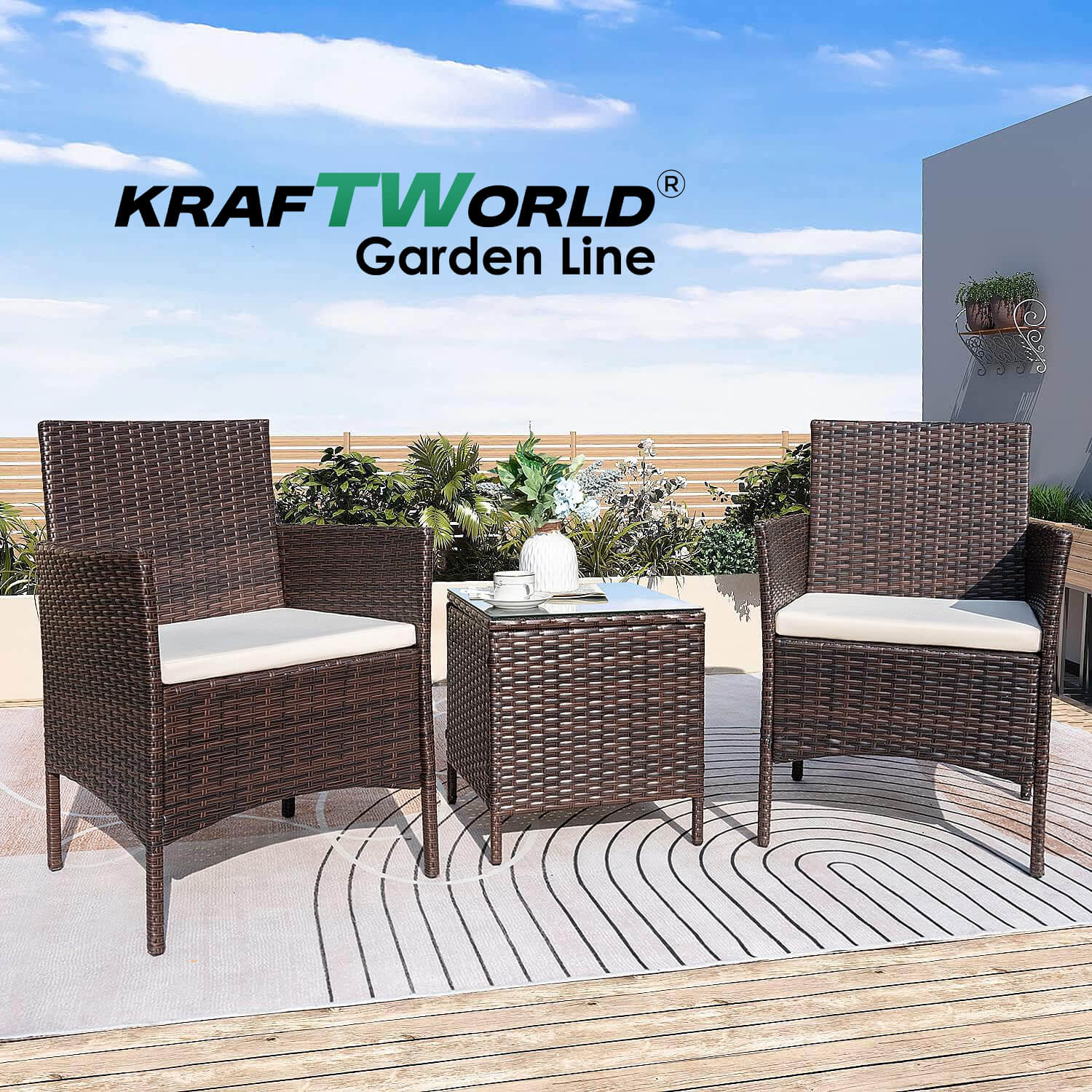 Луксозен Ратанов Комплект 2 Кресла и Маса Kraftworld Garden два стола и маса – UV и водоустойчиви ГРАДИНСКИ МЕБЕЛИ Луксозен Ратанов Комплект 2 Кресла и Маса Kraftworld Garden два стола и маса – UV и водоустойчиви