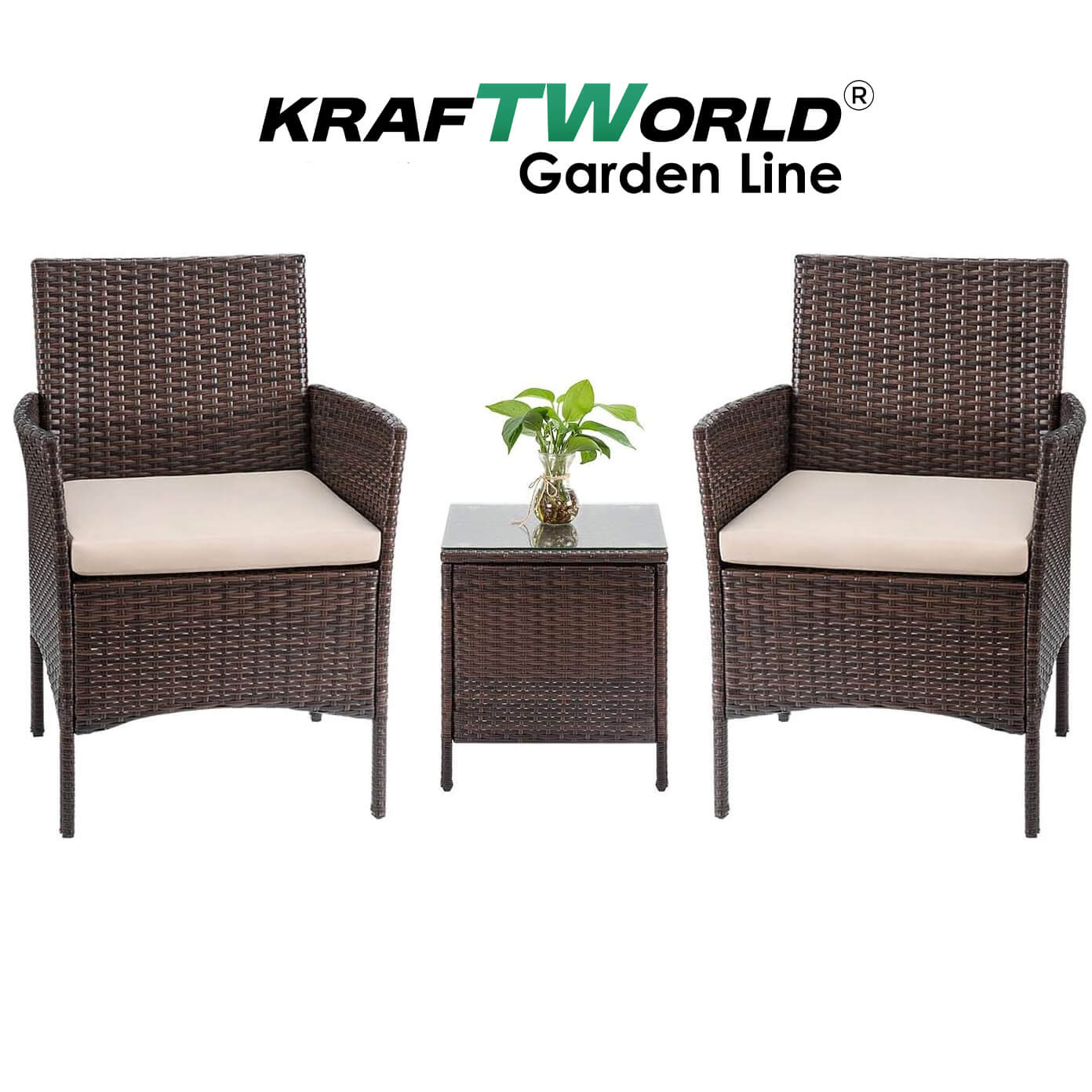 Луксозен Ратанов Комплект 2 Кресла и Маса Kraftworld Garden два стола и маса – UV и водоустойчиви ГРАДИНСКИ МЕБЕЛИ Луксозен Ратанов Комплект 2 Кресла и Маса Kraftworld Garden два стола и маса – UV и водоустойчиви