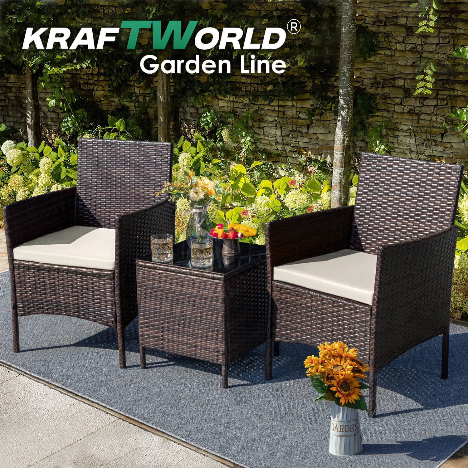 Луксозен Ратанов Комплект 2 Кресла и Маса Kraftworld Garden два стола и маса – UV и водоустойчиви ГРАДИНСКИ МЕБЕЛИ Луксозен Ратанов Комплект 2 Кресла и Маса Kraftworld Garden два стола и маса – UV и водоустойчиви