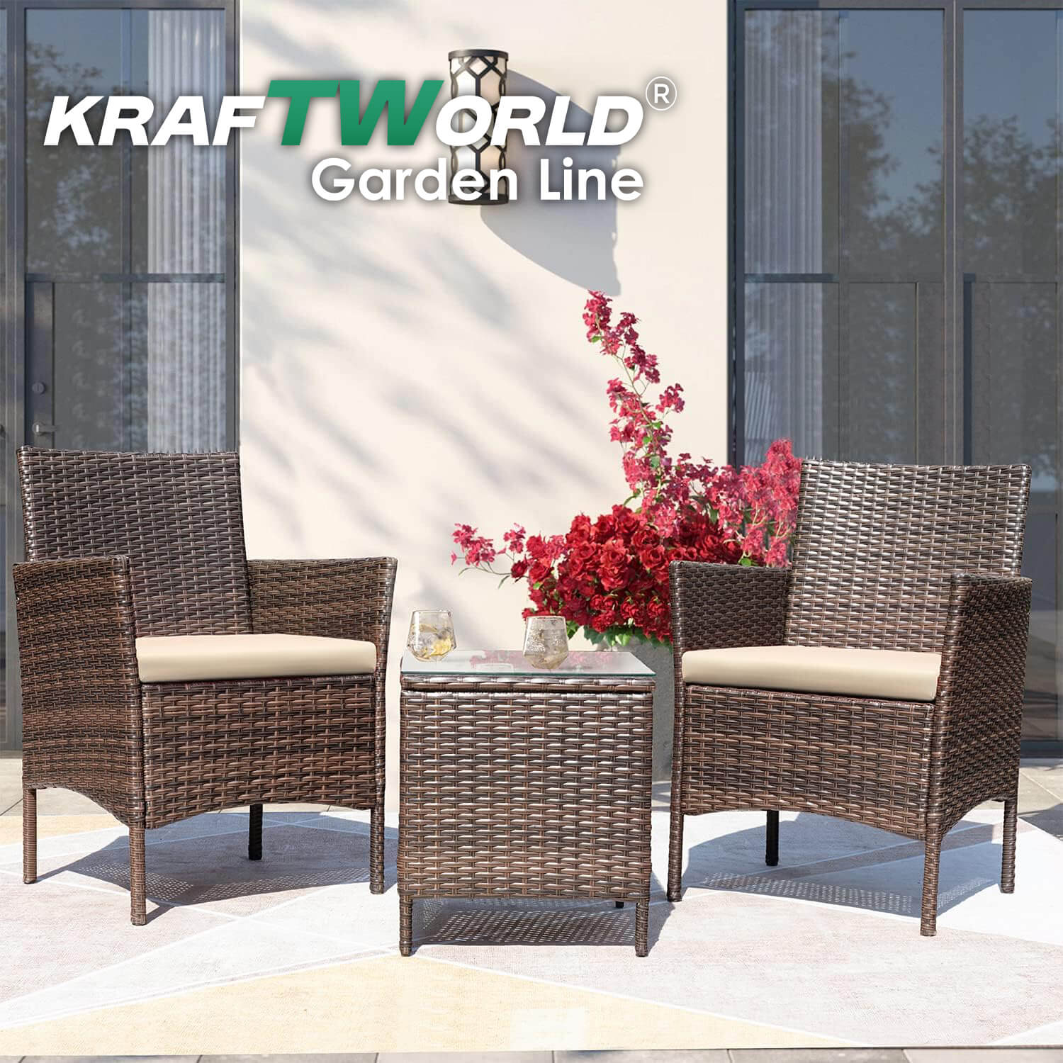 Луксозен Ратанов Комплект 2 Кресла и Маса Kraftworld Garden два стола и маса – UV и водоустойчиви ГРАДИНСКИ МЕБЕЛИ Луксозен Ратанов Комплект 2 Кресла и Маса Kraftworld Garden два стола и маса – UV и водоустойчиви