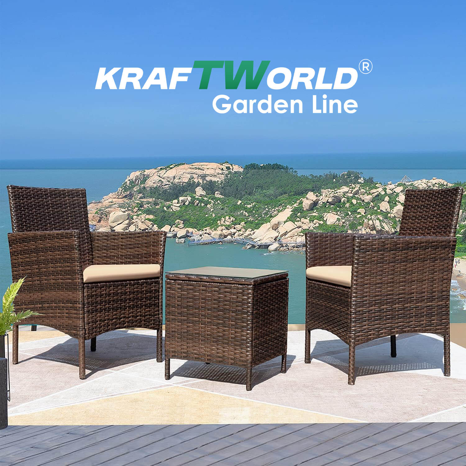 Луксозен Ратанов Комплект 2 Кресла и Маса Kraftworld Garden два стола и маса – UV и водоустойчиви ГРАДИНСКИ МЕБЕЛИ Луксозен Ратанов Комплект 2 Кресла и Маса Kraftworld Garden два стола и маса – UV и водоустойчиви
