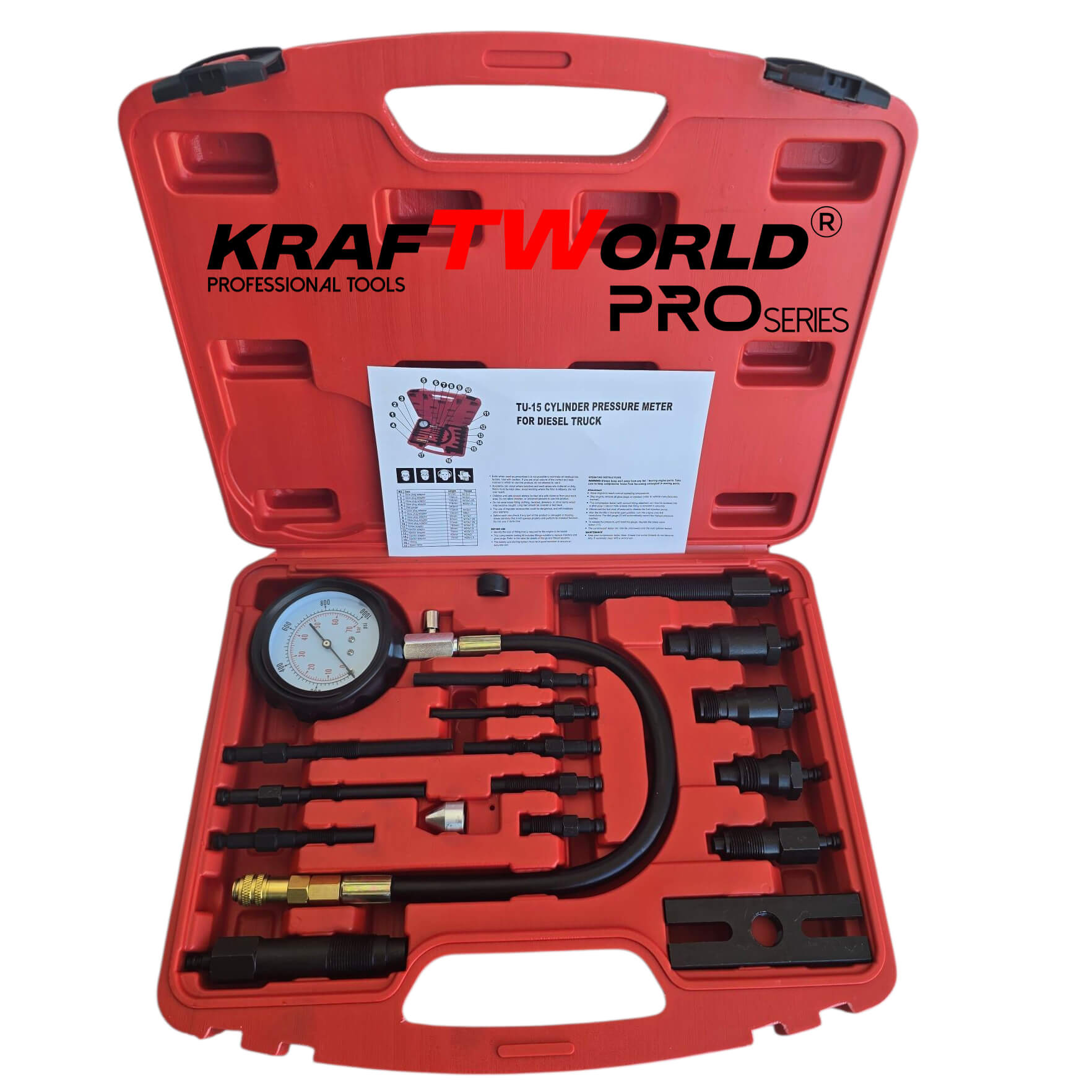 KraftWorld Pro – Тестер за компресия на дизелови двигатели с адаптери (17 части) АВТО KraftWorld Pro – Тестер за компресия на дизелови двигатели с адаптери (17 части)