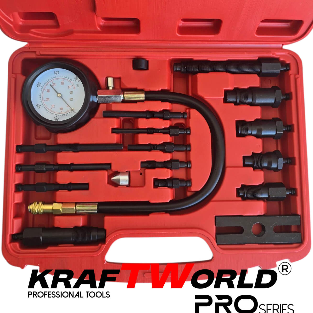 KraftWorld Pro – Тестер за компресия на дизелови двигатели с адаптери (17 части) АВТО KraftWorld Pro – Тестер за компресия на дизелови двигатели с адаптери (17 части)