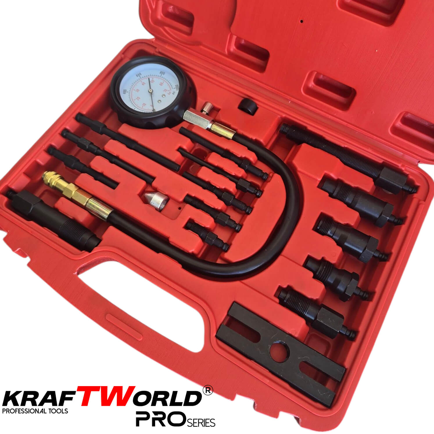 KraftWorld Pro – Тестер за компресия на дизелови двигатели с адаптери (17 части) АВТО KraftWorld Pro – Тестер за компресия на дизелови двигатели с адаптери (17 части)