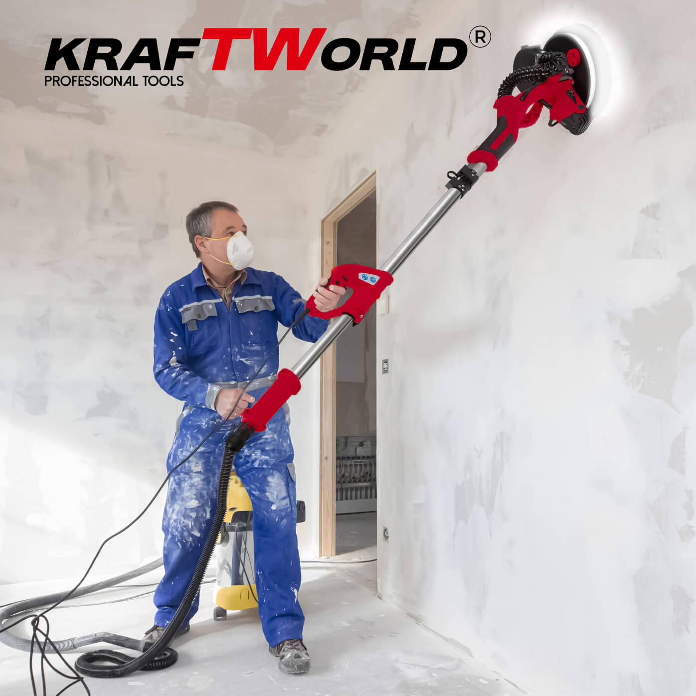 Шлайфмашина за стени и тавани KraftWorld – с кръгла LED глава,телескопично рамо,торба и 6 диска ЕЛЕКТРИЧЕСКИ ИНСТРУМЕНТИ Шлайфмашина за стени и тавани KraftWorld – с кръгла LED глава,телескопично рамо,торба и 6 диска