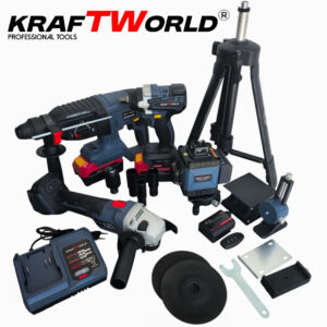 Комплект KraftWorld 5в1 – Лазерен нивелир, Гайковерт, Винтоверт, Перфоратор, Ъглошлайф с батерии и куфар