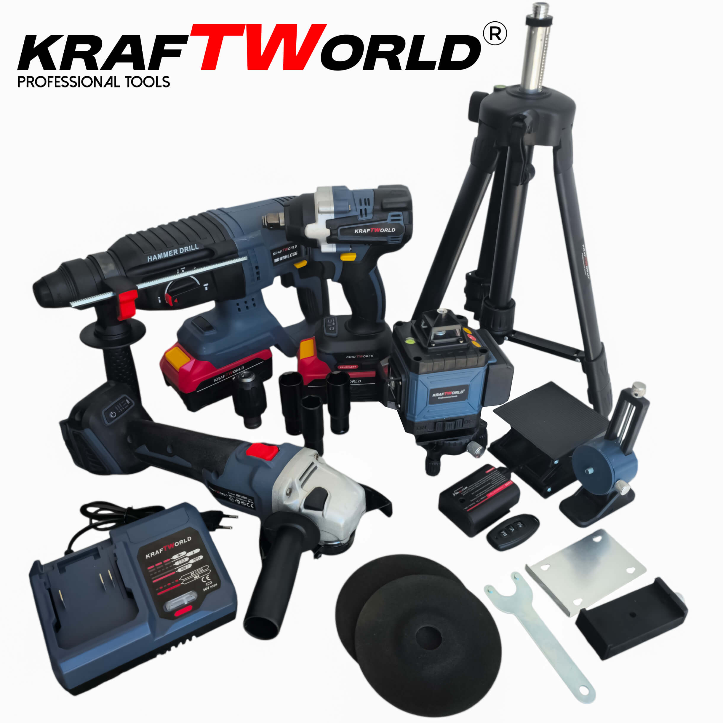 Комплект KraftWorld 5в1 – Лазерен нивелир, Гайковерт, Винтоверт, Перфоратор, Ъглошлайф с батерии и куфар АКУМУЛАТОРНИ ИНСТРУМЕНТИ Комплект KraftWorld 5в1 – Лазерен нивелир, Гайковерт, Винтоверт, Перфоратор, Ъглошлайф с батерии и куфар