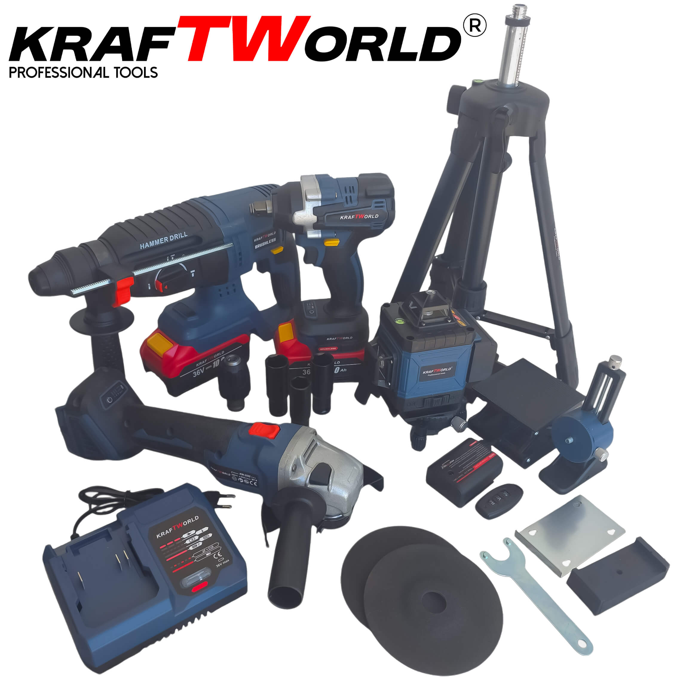 Комплект KraftWorld 5в1 – Лазерен нивелир, Гайковерт, Винтоверт, Перфоратор, Ъглошлайф с батерии и куфар АКУМУЛАТОРНИ ИНСТРУМЕНТИ Комплект KraftWorld 5в1 – Лазерен нивелир, Гайковерт, Винтоверт, Перфоратор, Ъглошлайф с батерии и куфар