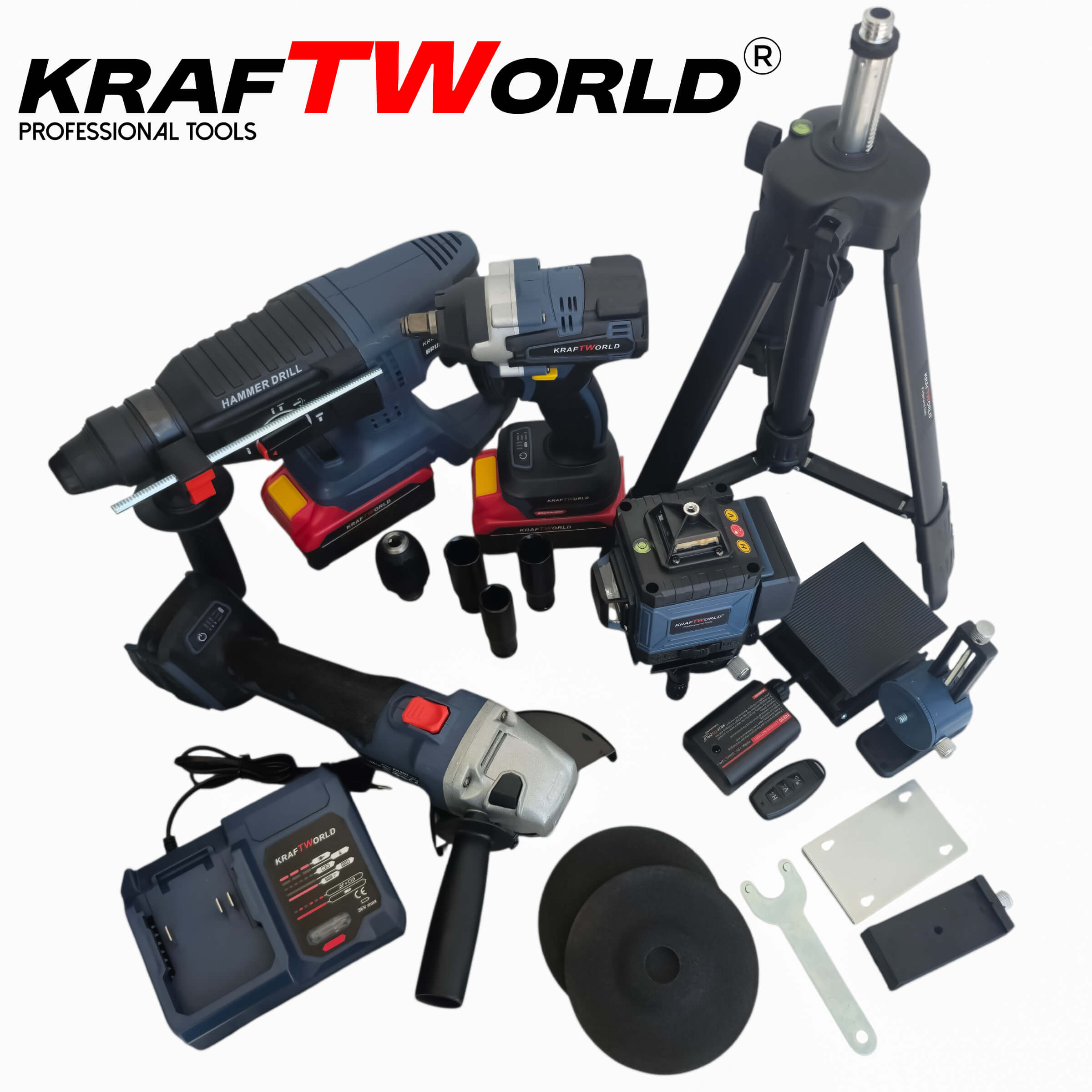 Комплект KraftWorld 5в1 – Лазерен нивелир, Гайковерт, Винтоверт, Перфоратор, Ъглошлайф с батерии и куфар АКУМУЛАТОРНИ ИНСТРУМЕНТИ Комплект KraftWorld 5в1 – Лазерен нивелир, Гайковерт, Винтоверт, Перфоратор, Ъглошлайф с батерии и куфар