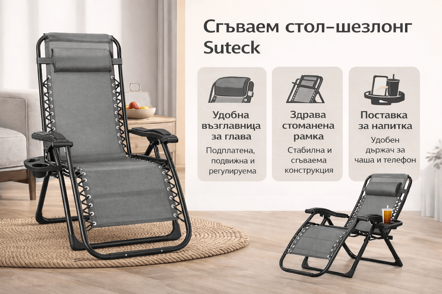 Сгъваем стол-шезлонг Suteck с възглавница и поставка за чаша и телефон, стол за плаж, къмпинг или градина ГРАДИНСКИ МЕБЕЛИ Сгъваем стол-шезлонг Suteck с възглавница и поставка за чаша и телефон, стол за плаж, къмпинг или градина