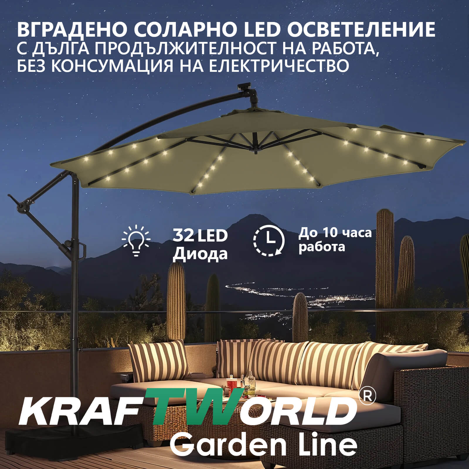 Луксозен чадър за градина Monaco | Висящ модел 3×3 м | Бежов | LED осветление | KraftWorld ДВОР И ГРАДИНА Луксозен чадър за градина Monaco | Висящ модел 3×3 м | Бежов | LED осветление | KraftWorld