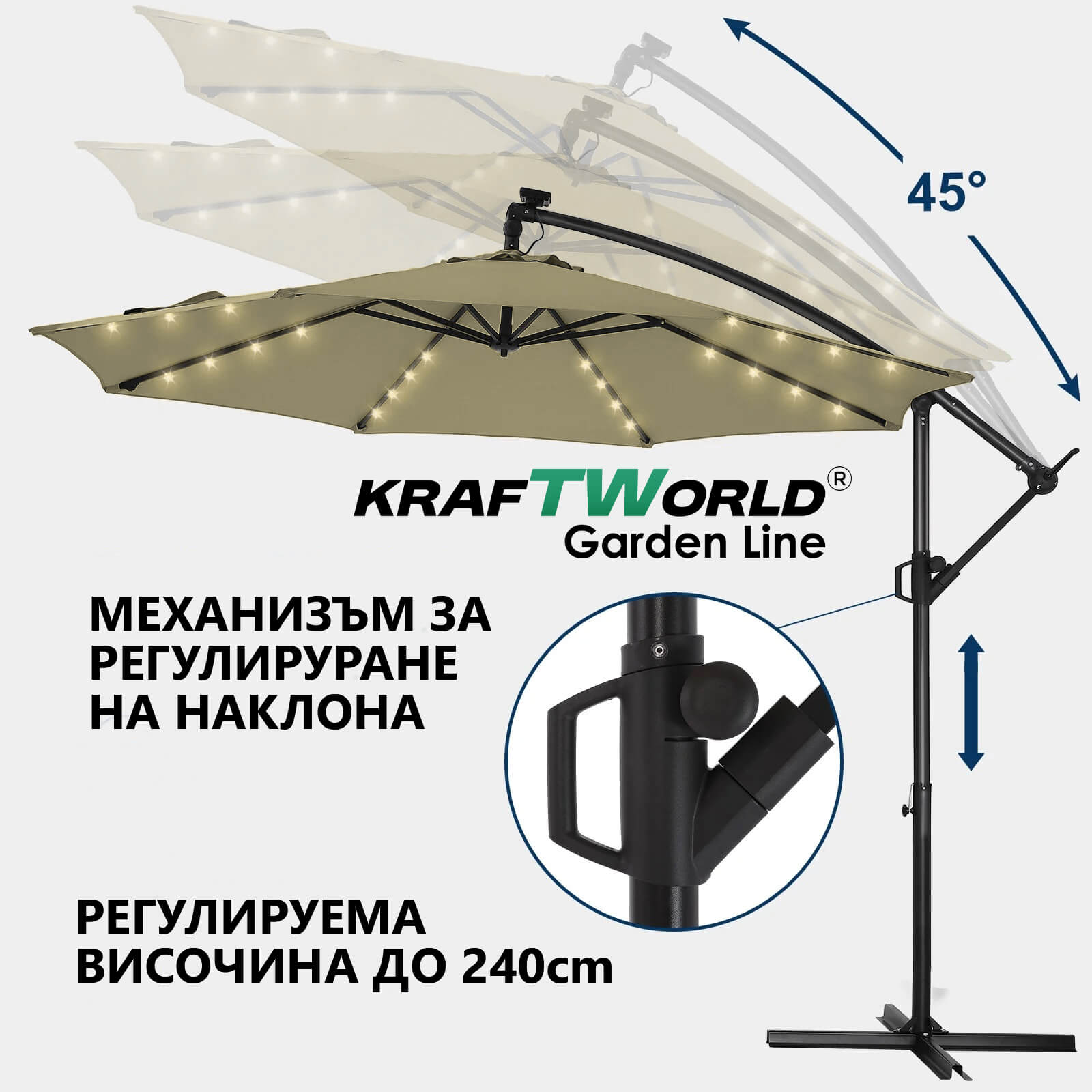 Луксозен чадър за градина Monaco | Висящ модел 3×3 м | Бежов | LED осветление | KraftWorld ДВОР И ГРАДИНА Луксозен чадър за градина Monaco | Висящ модел 3×3 м | Бежов | LED осветление | KraftWorld