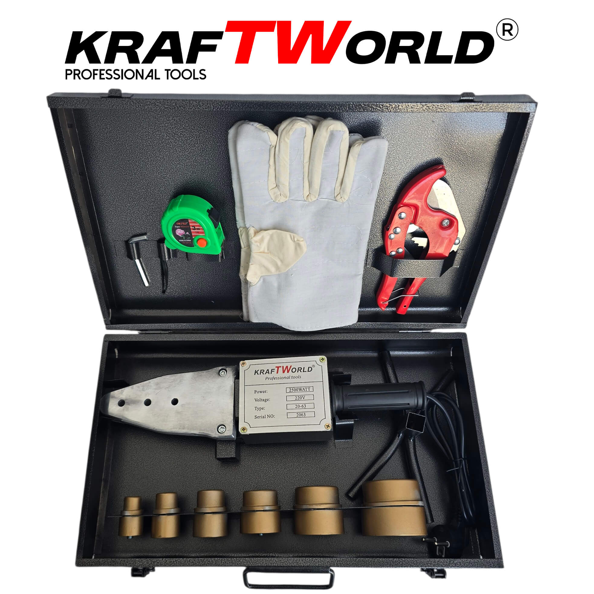 Лепачка KraftWorld 2500W за PPR тръби | Ф20–63 мм + Ножица и аксесоари в метален куфар ЕЛЕКТРИЧЕСКИ ИНСТРУМЕНТИ Лепачка KraftWorld 2500W за PPR тръби | Ф20–63 мм + Ножица и аксесоари в метален куфар