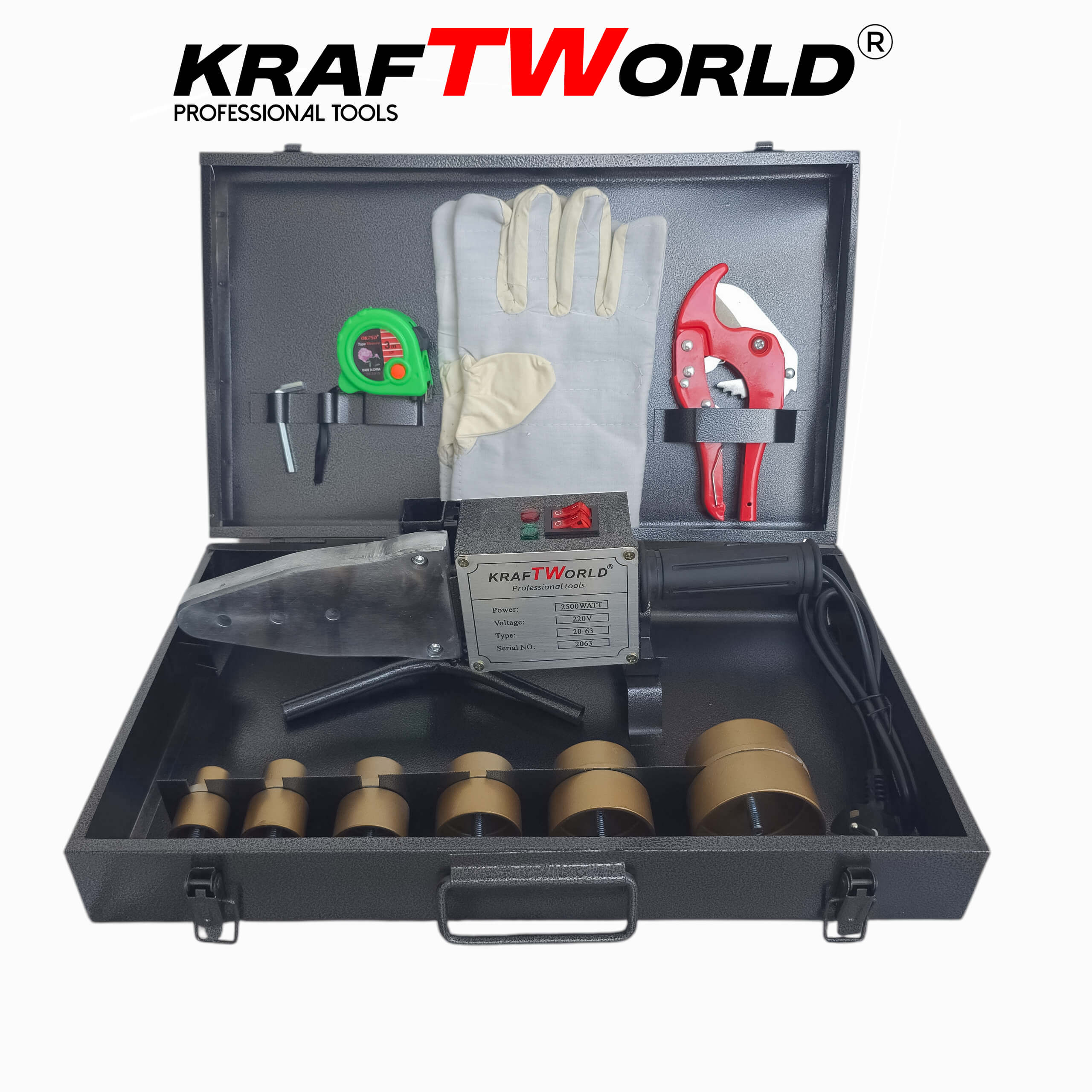 Лепачка KraftWorld 2500W за PPR тръби | Ф20–63 мм + Ножица и аксесоари в метален куфар ЕЛЕКТРИЧЕСКИ ИНСТРУМЕНТИ Лепачка KraftWorld 2500W за PPR тръби | Ф20–63 мм + Ножица и аксесоари в метален куфар