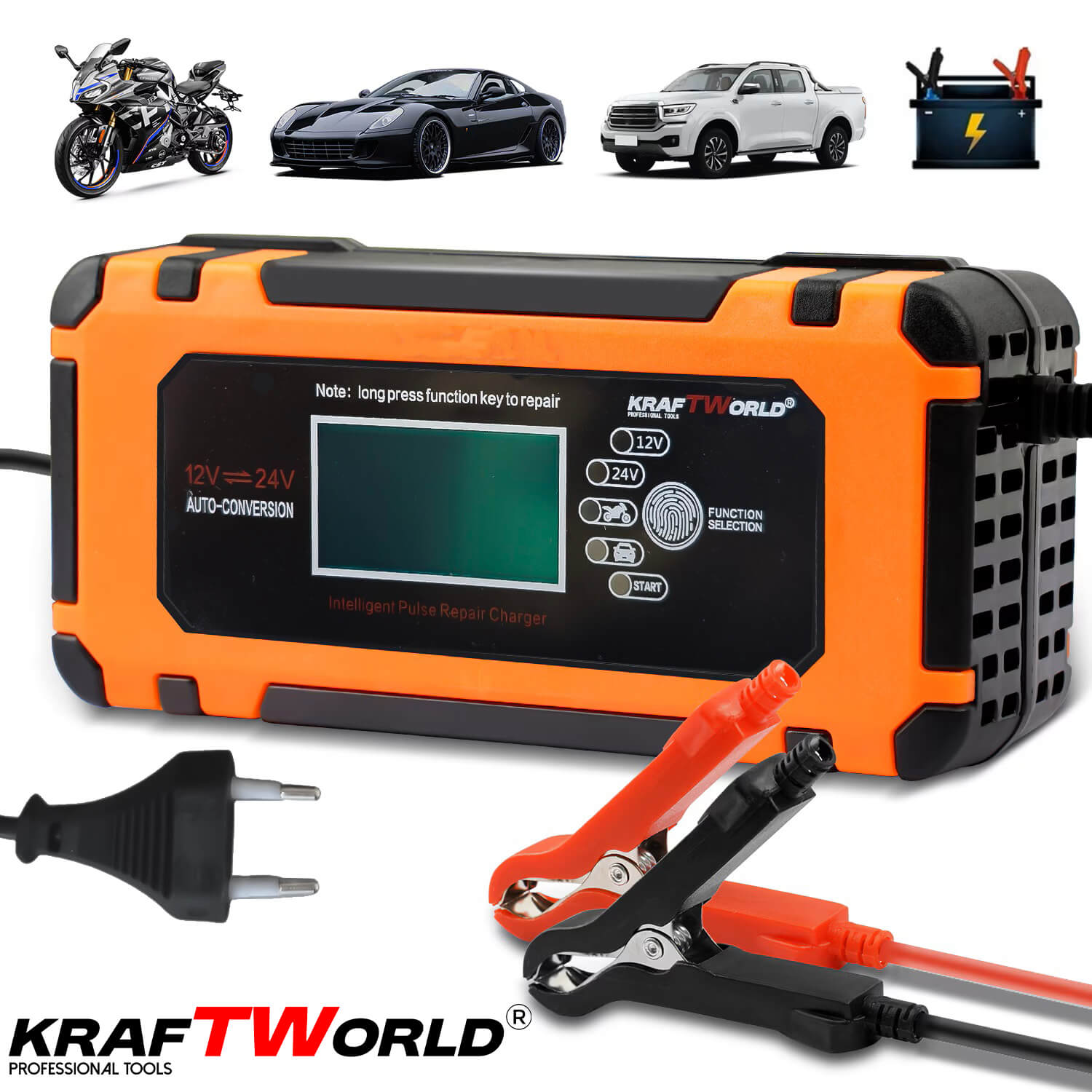 Автоматично Зарядно Устройство за акумулатори KraftWorld 12V – за кола, мотор, лодка АВТО Автоматично Зарядно Устройство за акумулатори KraftWorld 12V – за кола, мотор, лодка