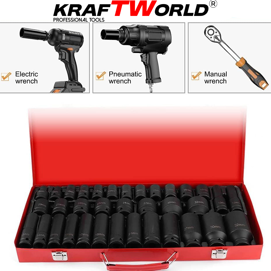 Професионални ударни вложки KraftWorld 35 части – стандартни и дълбоки 1/2″ АВТО Професионални ударни вложки KraftWorld 35 части – стандартни и дълбоки 1/2″