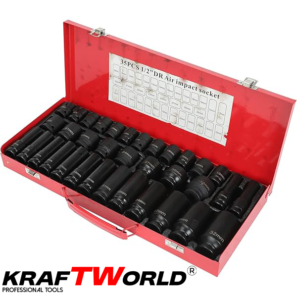 Професионални ударни вложки KraftWorld 35 части – стандартни и дълбоки 1/2″ АВТО Професионални ударни вложки KraftWorld 35 части – стандартни и дълбоки 1/2″