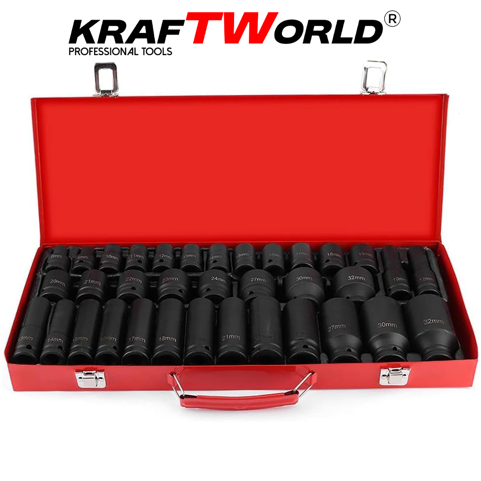 Професионални ударни вложки KraftWorld 35 части – стандартни и дълбоки 1/2″ АВТО Професионални ударни вложки KraftWorld 35 части – стандартни и дълбоки 1/2″