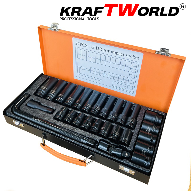 Професионални ударни вложки KraftWorld 27 бр. – къси и дълги, 1/2″ АВТО Професионални ударни вложки KraftWorld 27 бр. – къси и дълги, 1/2″