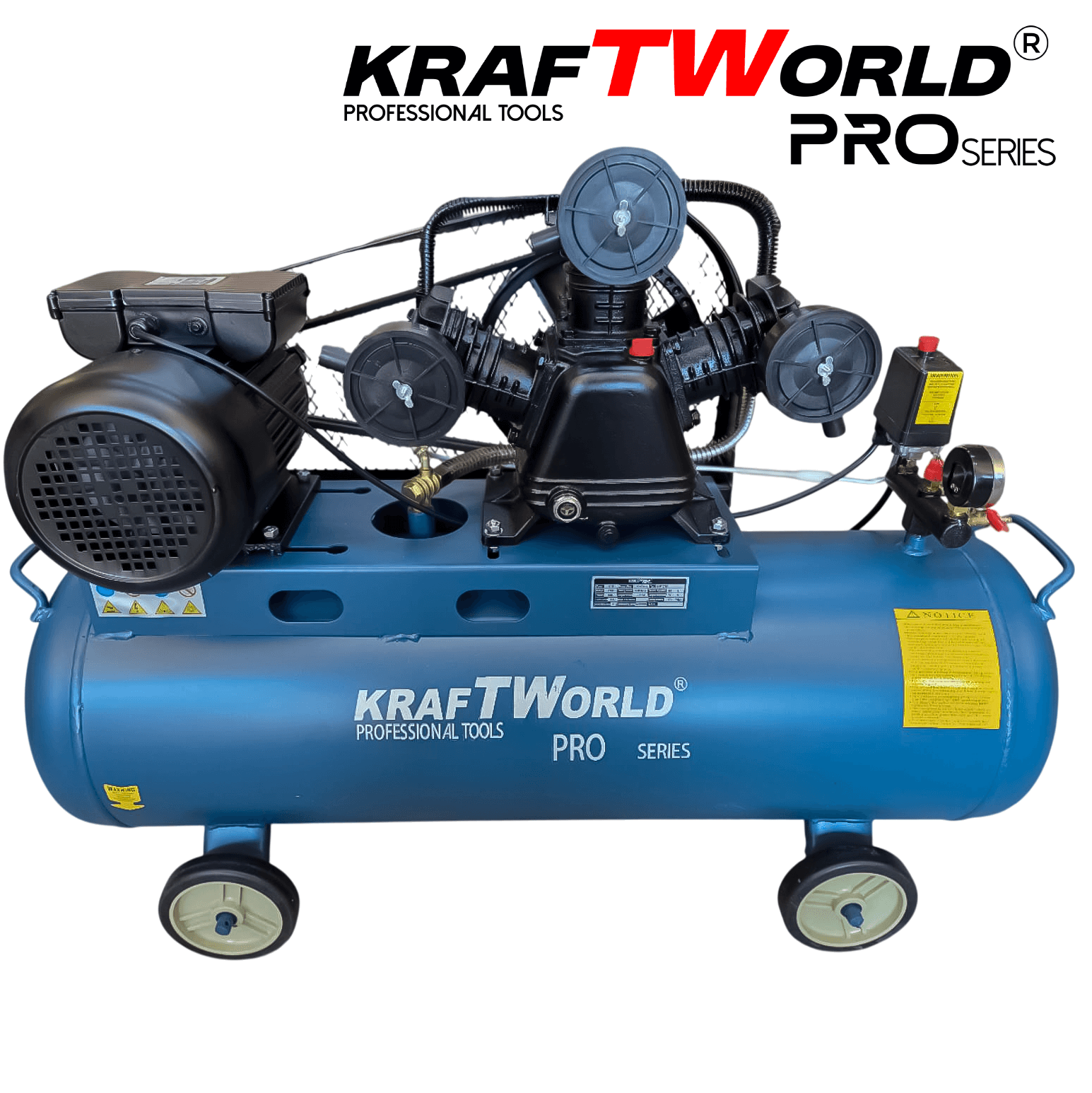 Професионален компресор за въздух KraftWorld Pro 100 литра, ремъчно задвижване АВТО Професионален компресор за въздух KraftWorld Pro 100 литра, ремъчно задвижване