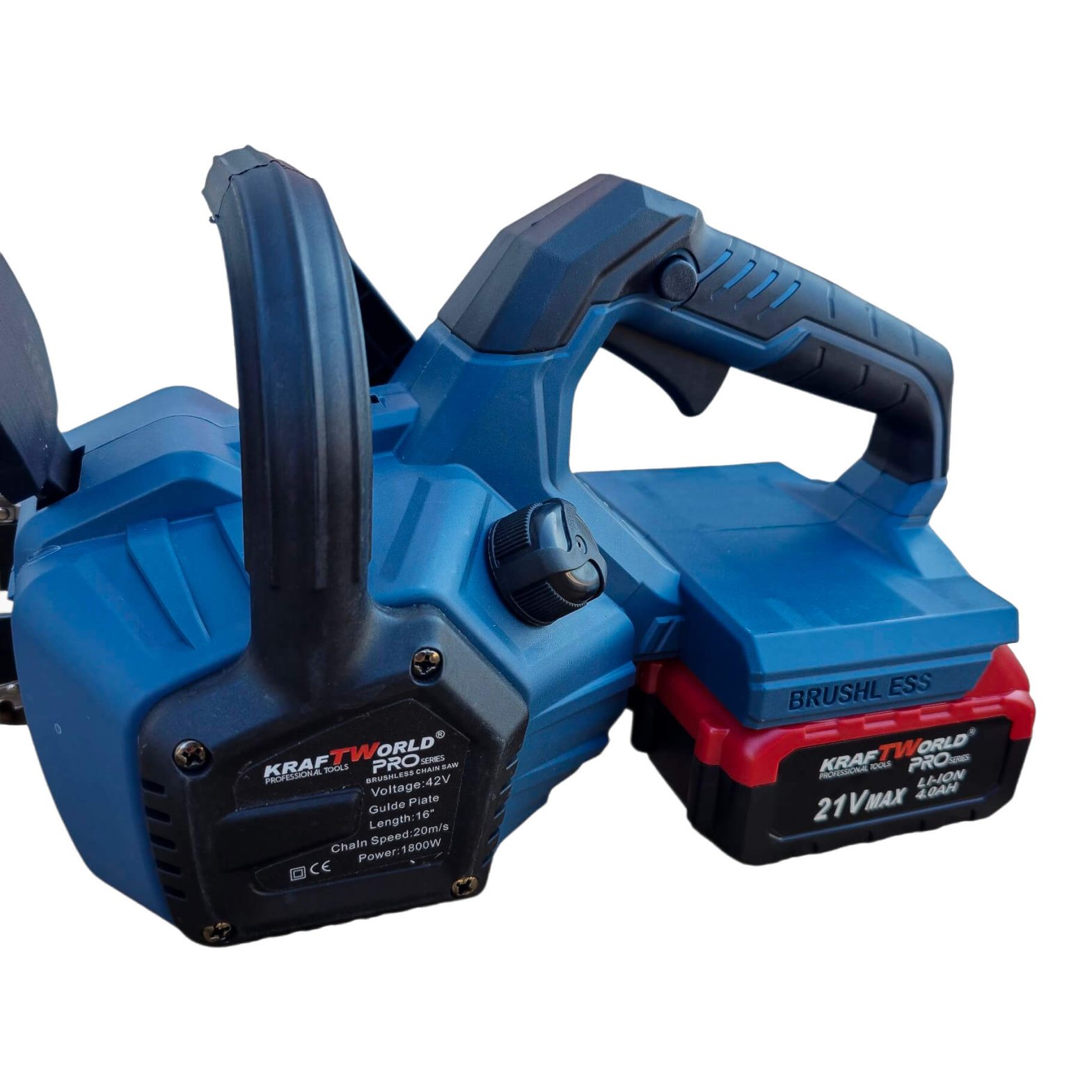 Акумулаторна Верижна Резачка с двойна батерия KraftWorld PRO – 42V (2×21V), 16″, 2 Вериги ГРАДИНСКИ ИНСТРУМЕНТИ Акумулаторна Верижна Резачка с двойна батерия KraftWorld PRO – 42V (2×21V), 16″, 2 Вериги