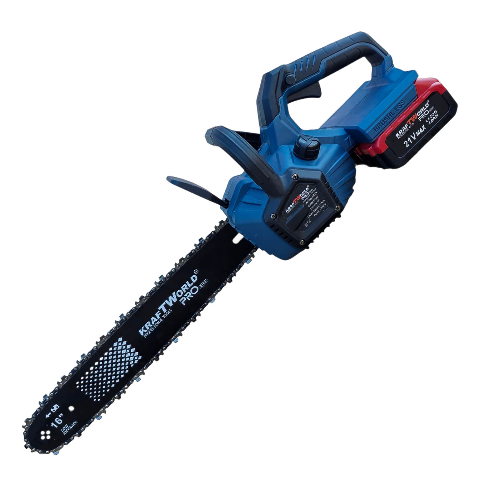 Акумулаторна Верижна Резачка с двойна батерия KraftWorld PRO – 42V (2×21V), 16″, 2 Вериги ГРАДИНСКИ ИНСТРУМЕНТИ Акумулаторна Верижна Резачка с двойна батерия KraftWorld PRO – 42V (2×21V), 16″, 2 Вериги